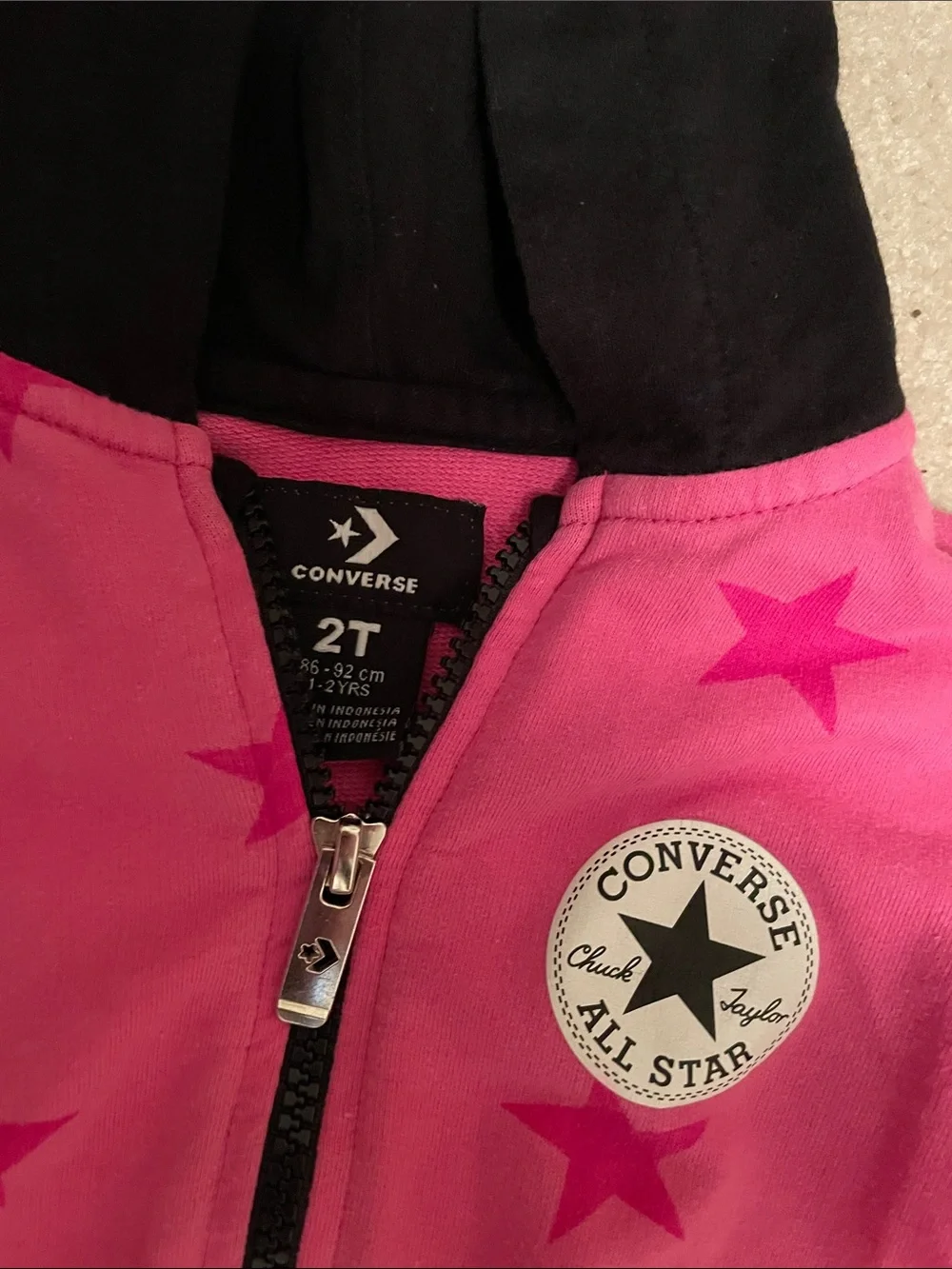 Converse Girls Hot Pink Star Zip Hoodie with Black Hood - 2T